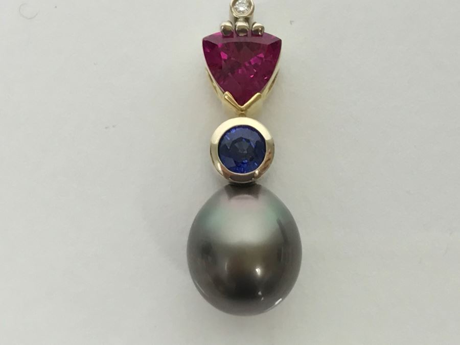 18K 2-Tone 1.18Ct Tourmaline, .28Ct Sapphire, 13X10MM Tahitian Pearl Pendant With Diamond 5.6g FMV $800 [Photo 12]