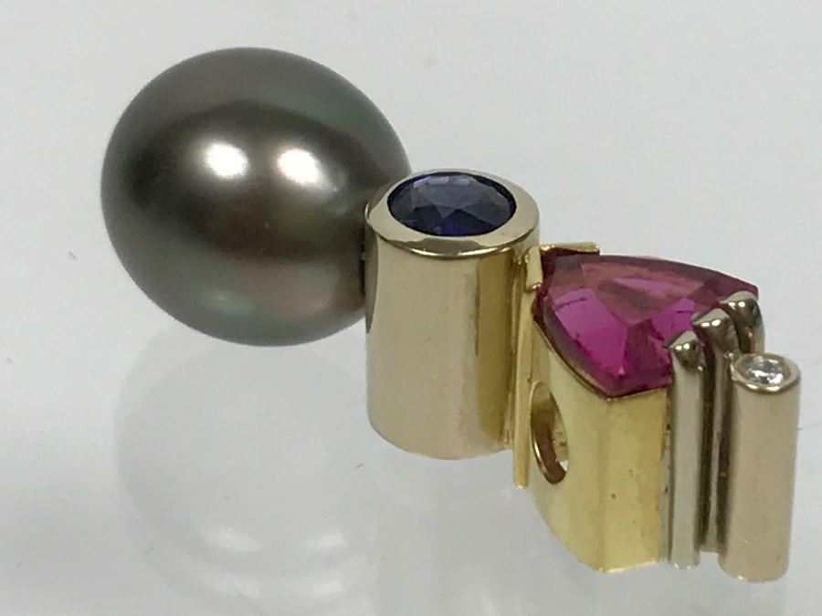 18K 2-Tone 1.18Ct Tourmaline, .28Ct Sapphire, 13X10MM Tahitian Pearl Pendant With Diamond 5.6g FMV $800 [Photo 23]