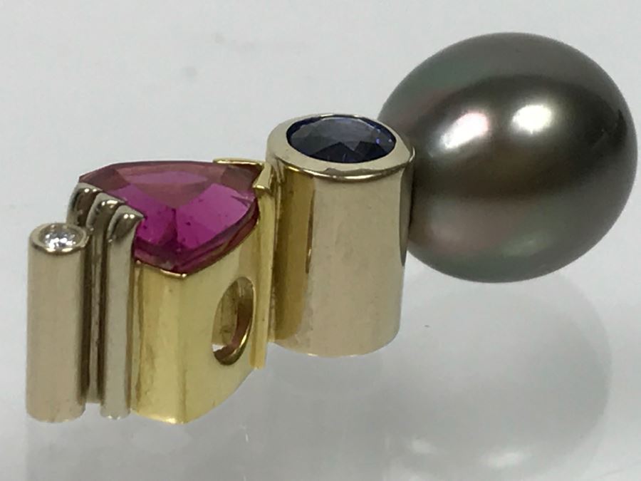 18K 2-Tone 1.18Ct Tourmaline, .28Ct Sapphire, 13X10MM Tahitian Pearl Pendant With Diamond 5.6g FMV $800 [Photo 20]