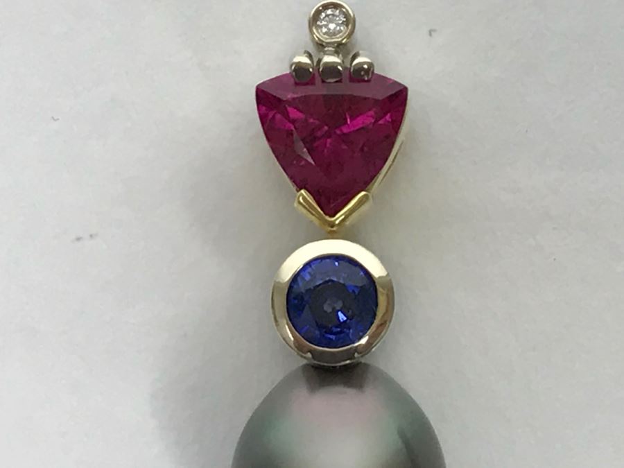 18K 2-Tone 1.18Ct Tourmaline, .28Ct Sapphire, 13X10MM Tahitian Pearl Pendant With Diamond 5.6g FMV $800 [Photo 15]