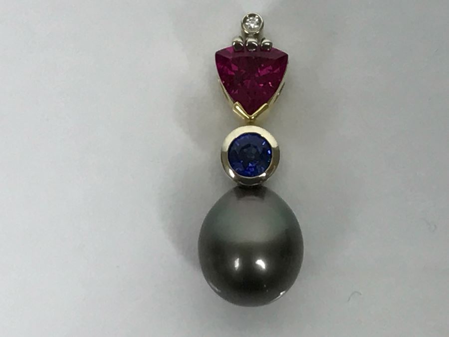 18K 2-Tone 1.18Ct Tourmaline, .28Ct Sapphire, 13X10MM Tahitian Pearl Pendant With Diamond 5.6g FMV $800 [Photo 10]