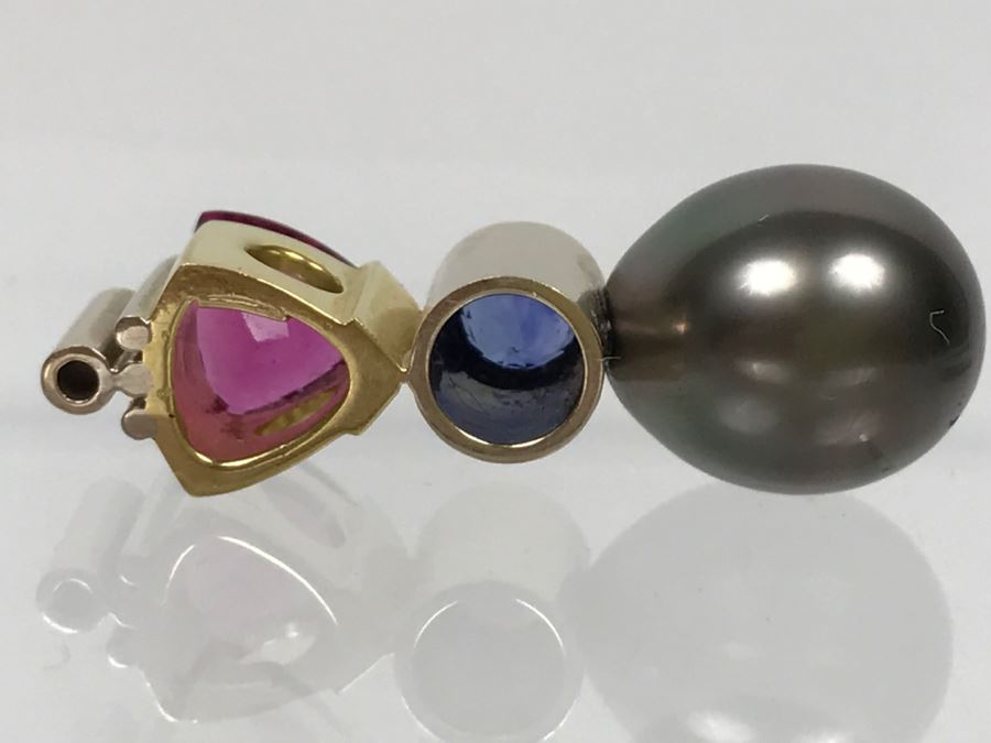 18K 2-Tone 1.18Ct Tourmaline, .28Ct Sapphire, 13X10MM Tahitian Pearl Pendant With Diamond 5.6g FMV $800 [Photo 8]