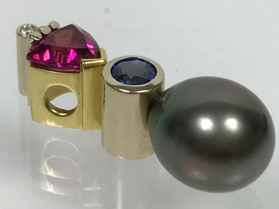 18K 2-Tone 1.18Ct Tourmaline, .28Ct Sapphire, 13X10MM Tahitian Pearl Pendant With Diamond 5.6g FMV $800 [Photo 19]
