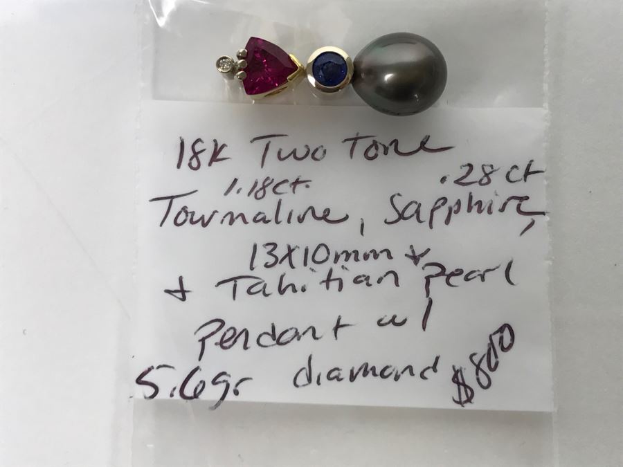 18K 2-Tone 1.18Ct Tourmaline, .28Ct Sapphire, 13X10MM Tahitian Pearl Pendant With Diamond 5.6g FMV $800 [Photo 28]