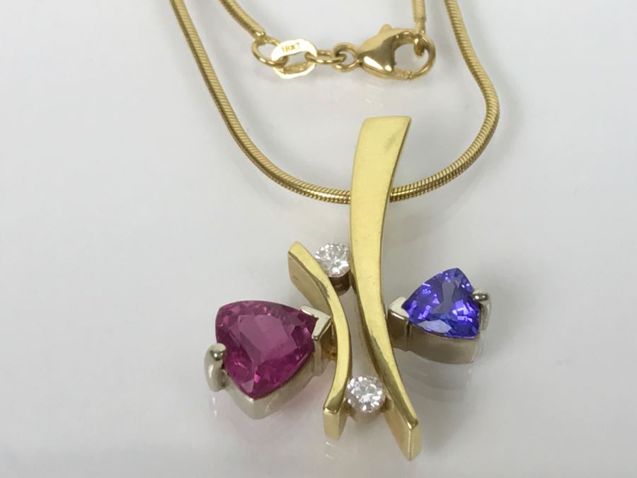 18K Yellow Gold 1.5Ct Tourmaline, .75Ct Tanzanite, .2Ct Diamond Pendant With 18K Yellow Gold Chain 17.1g FMV $1,500 [Photo 5]