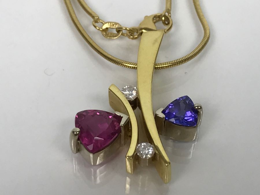 18K Yellow Gold 1.5Ct Tourmaline, .75Ct Tanzanite, .2Ct Diamond Pendant With 18K Yellow Gold Chain 17.1g FMV $1,500 [Photo 3]