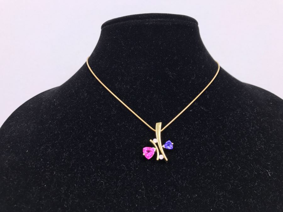 18K Yellow Gold 1.5Ct Tourmaline, .75Ct Tanzanite, .2Ct Diamond Pendant With 18K Yellow Gold Chain 17.1g FMV $1,500 [Photo 2]