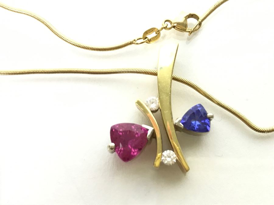18K Yellow Gold 1.5Ct Tourmaline, .75Ct Tanzanite, .2Ct Diamond Pendant With 18K Yellow Gold Chain 17.1g FMV $1,500 [Photo 7]
