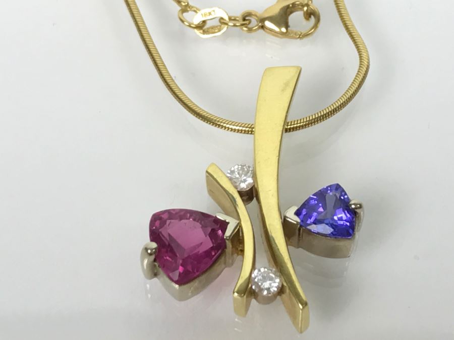 18K Yellow Gold 1.5Ct Tourmaline, .75Ct Tanzanite, .2Ct Diamond Pendant With 18K Yellow Gold Chain 17.1g FMV $1,500 [Photo 6]