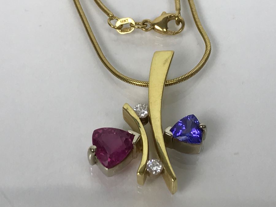 18K Yellow Gold 1.5Ct Tourmaline, .75Ct Tanzanite, .2Ct Diamond Pendant With 18K Yellow Gold Chain 17.1g FMV $1,500 [Photo 4]