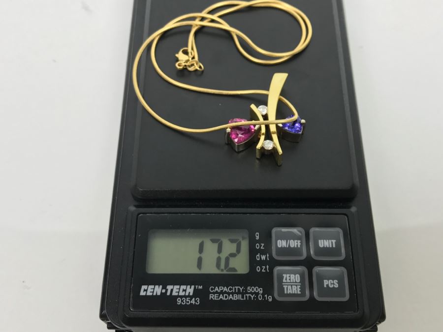 18K Yellow Gold 1.5Ct Tourmaline, .75Ct Tanzanite, .2Ct Diamond Pendant With 18K Yellow Gold Chain 17.1g FMV $1,500 [Photo 13]