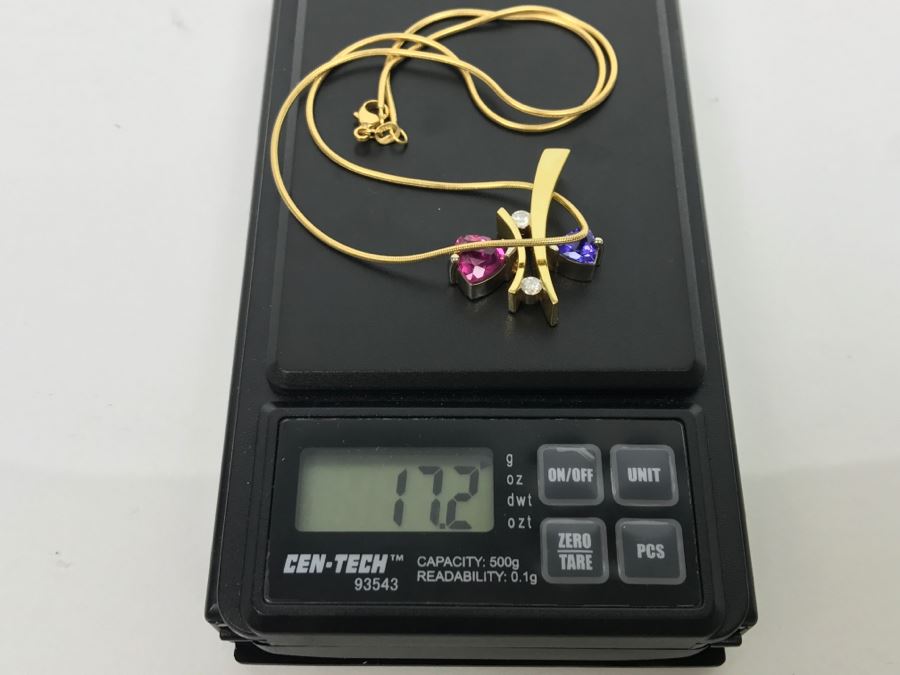 18K Yellow Gold 1.5Ct Tourmaline, .75Ct Tanzanite, .2Ct Diamond Pendant With 18K Yellow Gold Chain 17.1g FMV $1,500 [Photo 14]