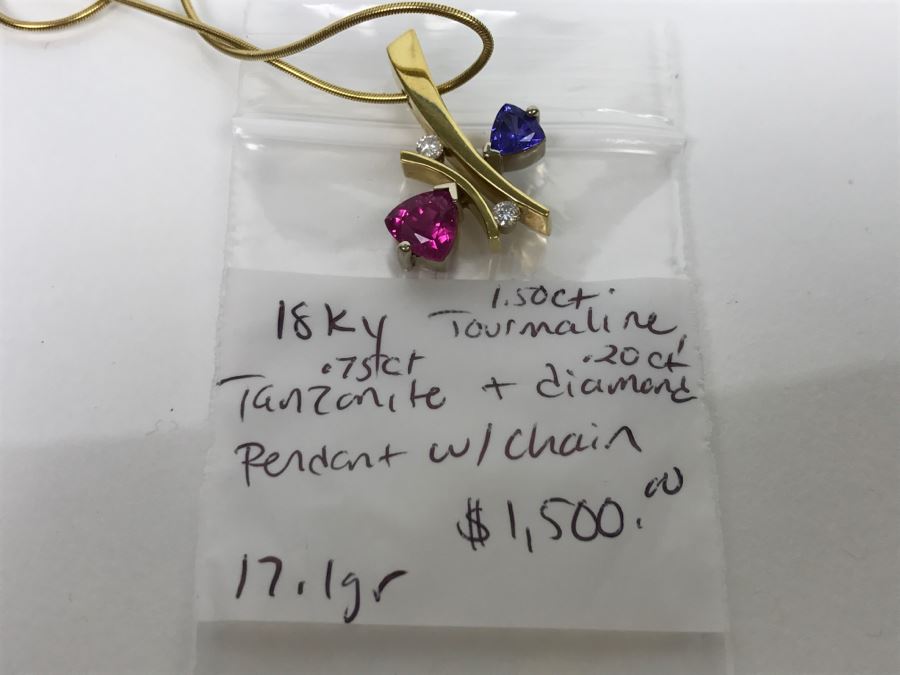 18K Yellow Gold 1.5Ct Tourmaline, .75Ct Tanzanite, .2Ct Diamond Pendant With 18K Yellow Gold Chain 17.1g FMV $1,500 [Photo 15]