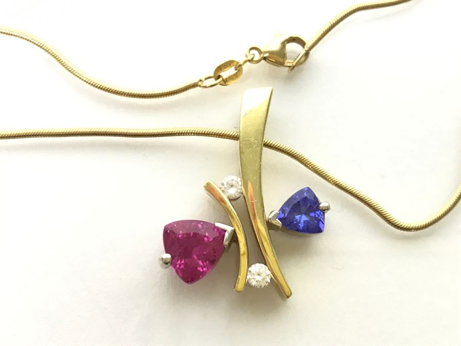 18K Yellow Gold 1.5Ct Tourmaline, .75Ct Tanzanite, .2Ct Diamond Pendant With 18K Yellow Gold Chain 17.1g FMV $1,500 [Photo 8]