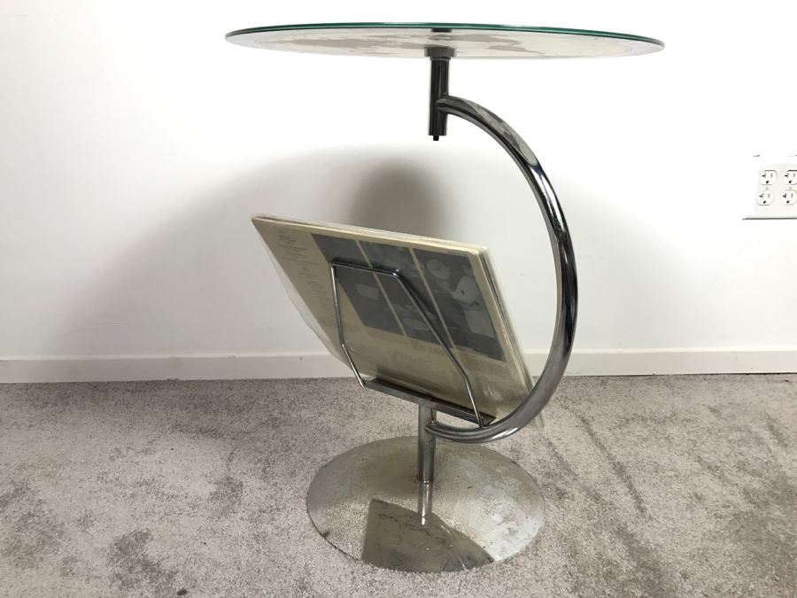 Chrome And Glass World Map Top Table With Magazine Vinyl Record Rack Record Not Included [Photo 3]