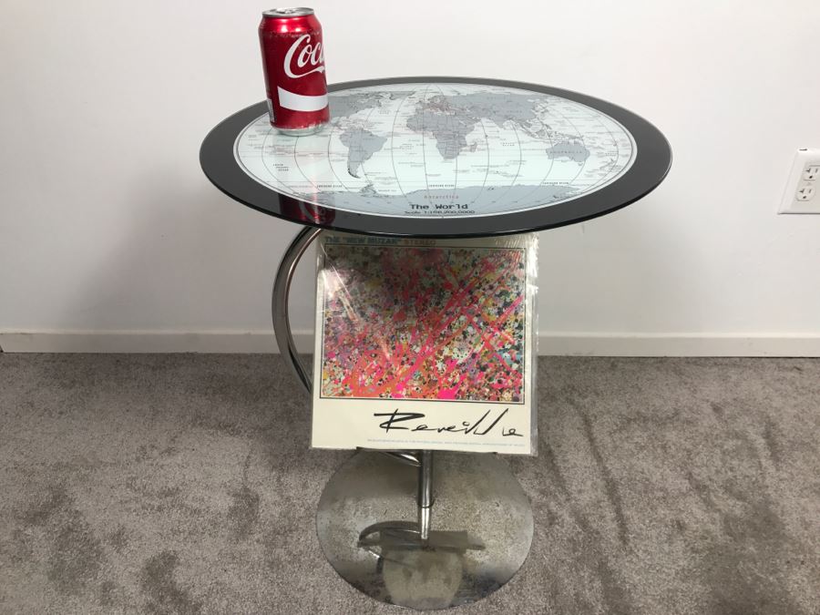 Chrome And Glass World Map Top Table With Magazine Vinyl Record Rack Record Not Included [Photo 1]