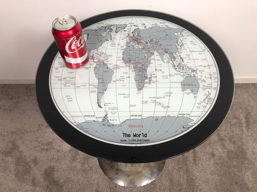 Chrome And Glass World Map Top Table With Magazine Vinyl Record Rack Record Not Included [Photo 5]