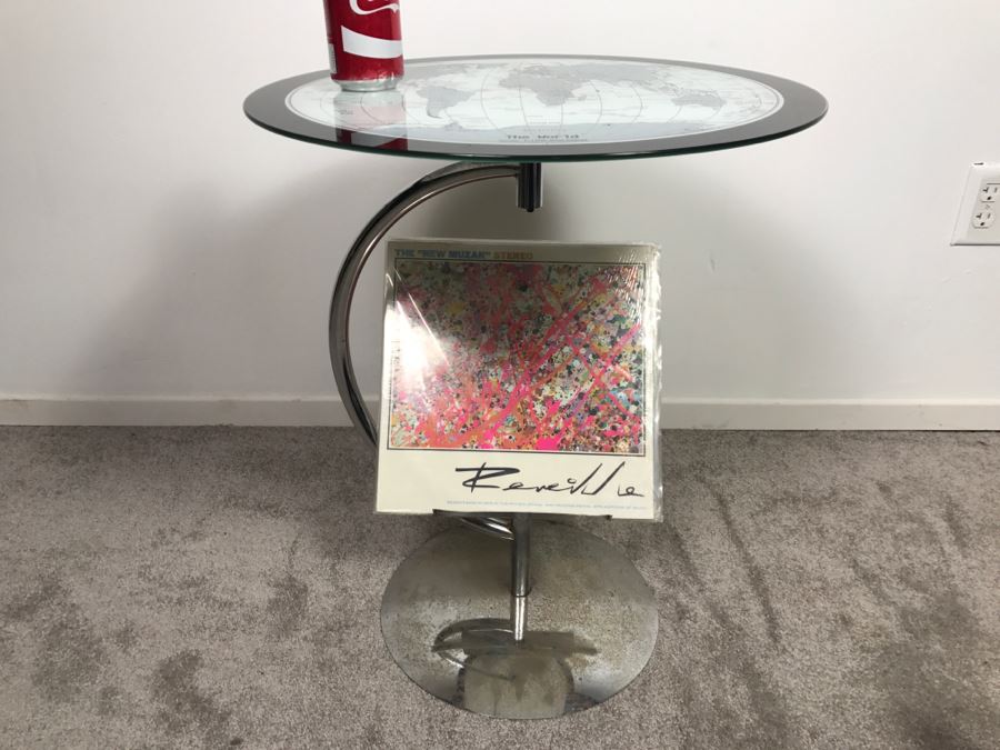 Chrome And Glass World Map Top Table With Magazine Vinyl Record Rack Record Not Included [Photo 4]