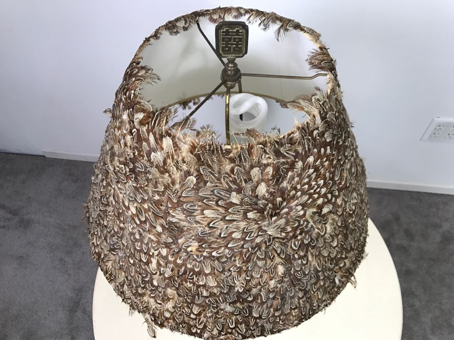 Brass Asian Table Lamp With Custom Pheasant Feather Lamp Shade [Photo 5]