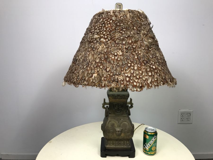 Brass Asian Table Lamp With Custom Pheasant Feather Lamp Shade [Photo 1]