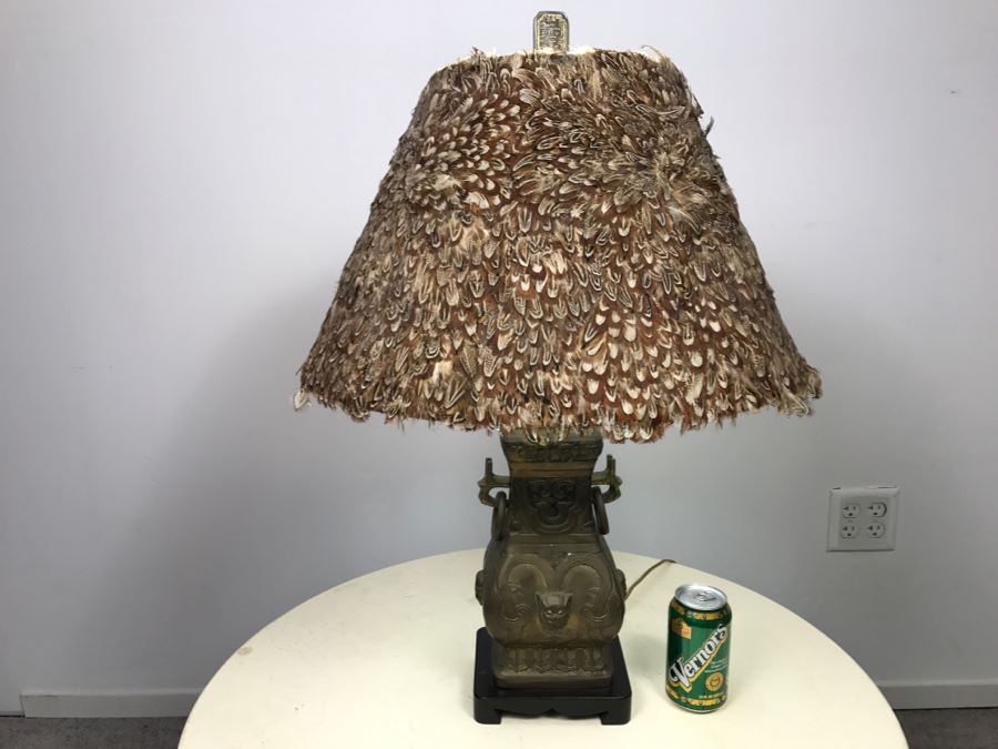 Brass Asian Table Lamp With Custom Pheasant Feather Lamp Shade [Photo 7]