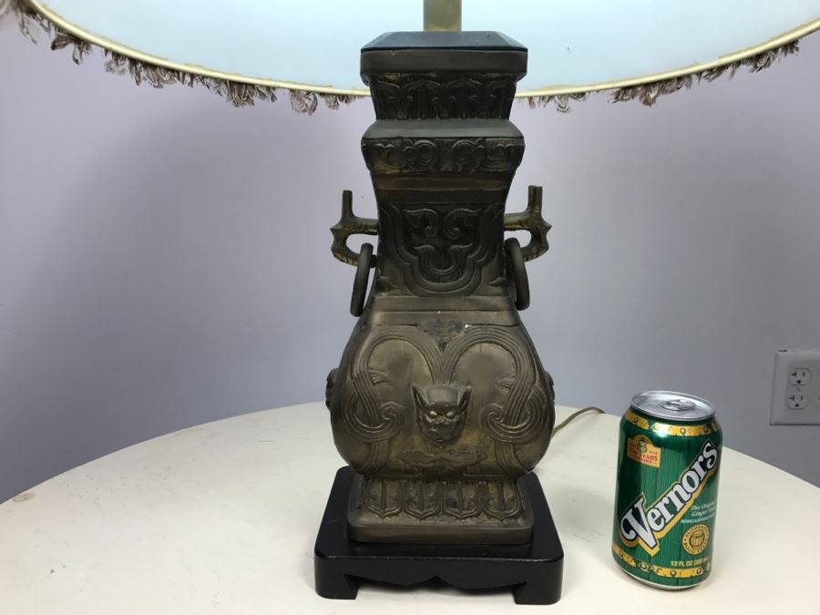 Brass Asian Table Lamp With Custom Pheasant Feather Lamp Shade [Photo 9]
