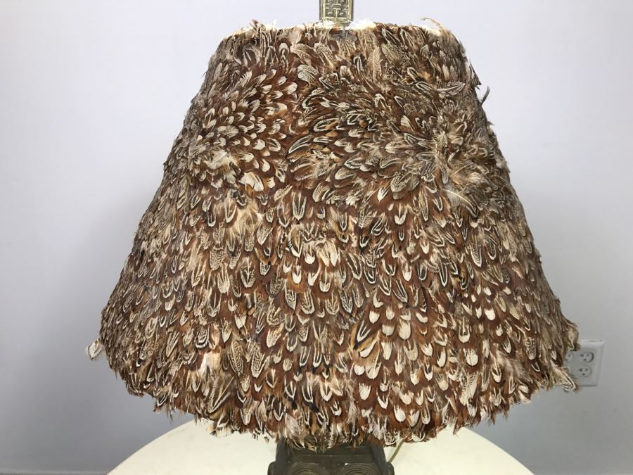 Brass Asian Table Lamp With Custom Pheasant Feather Lamp Shade [Photo 8]