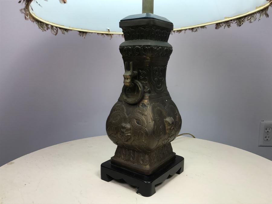Brass Asian Table Lamp With Custom Pheasant Feather Lamp Shade [Photo 12]
