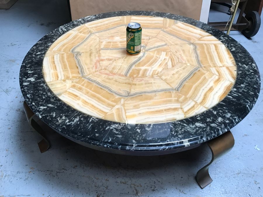 Mid-Century Marble And Inlay Stone Round Coffee Table With Brass Legs [Photo 4]
