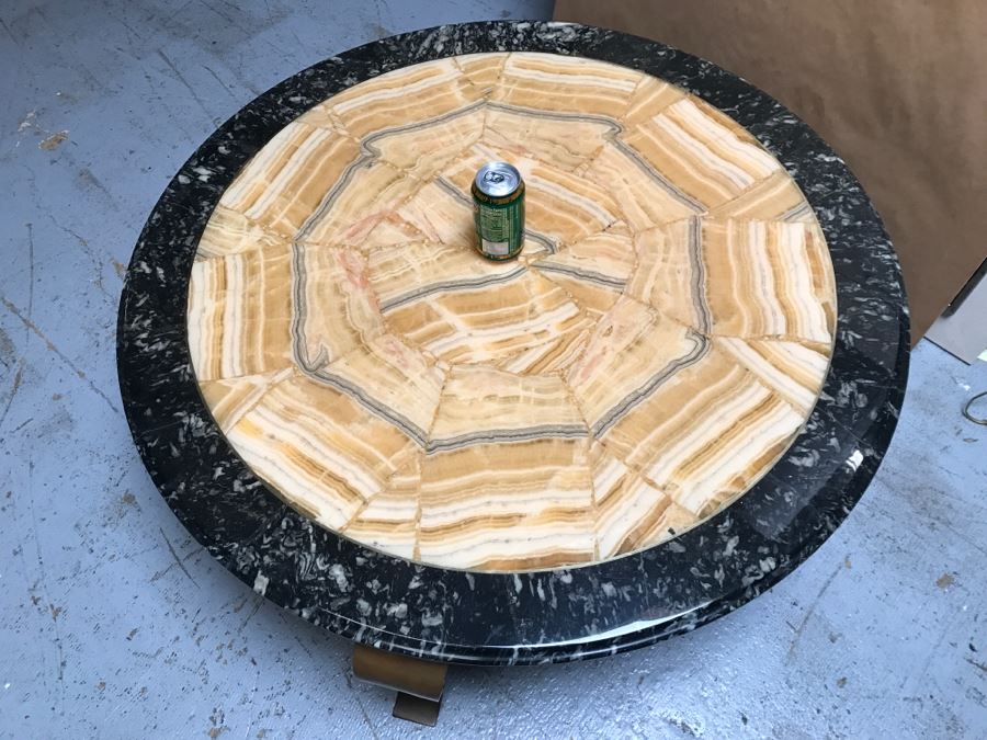 Mid-Century Marble And Inlay Stone Round Coffee Table With Brass Legs [Photo 6]