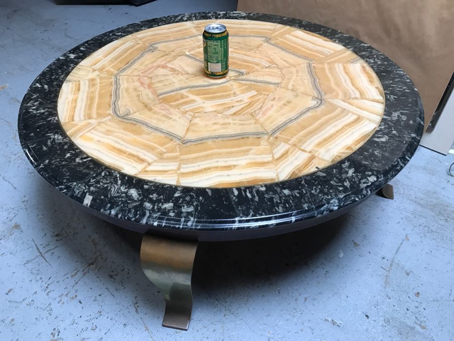 Mid-Century Marble And Inlay Stone Round Coffee Table With Brass Legs [Photo 7]
