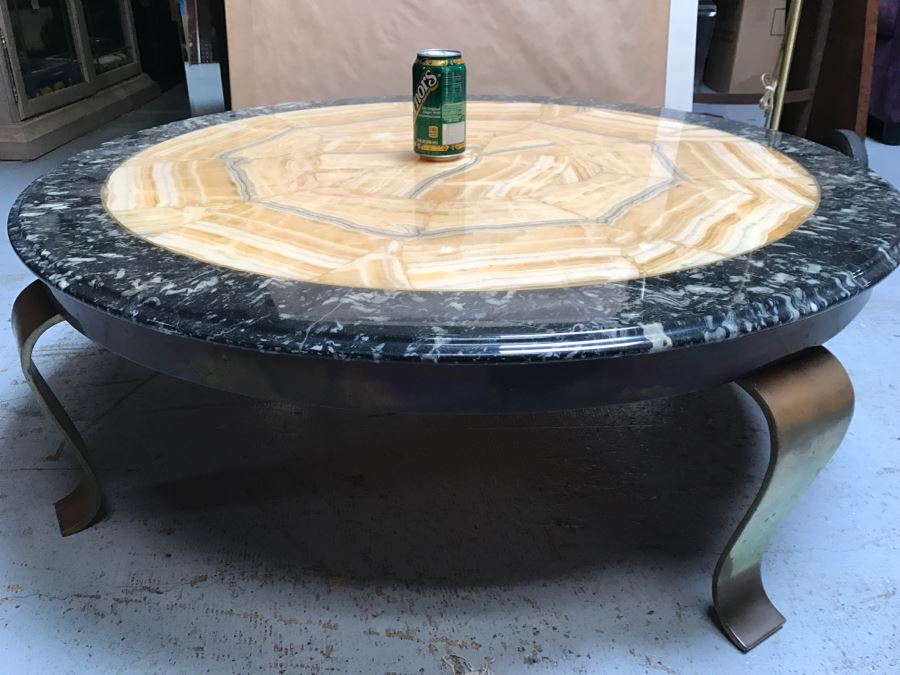Mid-Century Marble And Inlay Stone Round Coffee Table With Brass Legs [Photo 8]