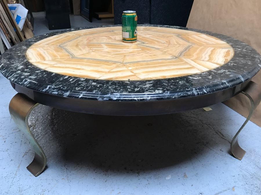 Mid-Century Marble And Inlay Stone Round Coffee Table With Brass Legs [Photo 9]