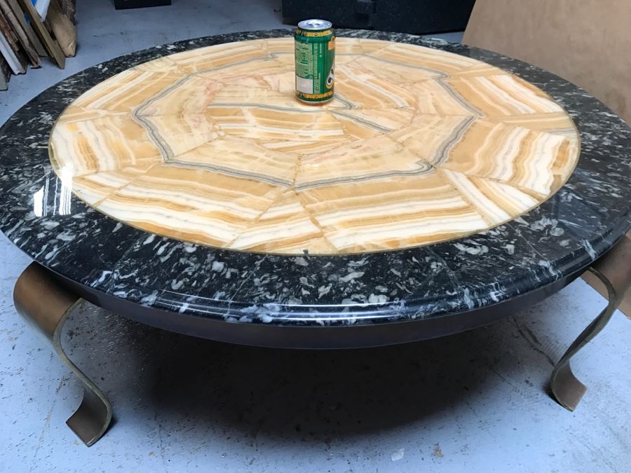 Mid-Century Marble And Inlay Stone Round Coffee Table With Brass Legs