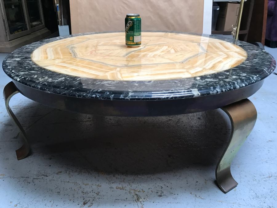 Mid-Century Marble And Inlay Stone Round Coffee Table With Brass Legs [Photo 3]
