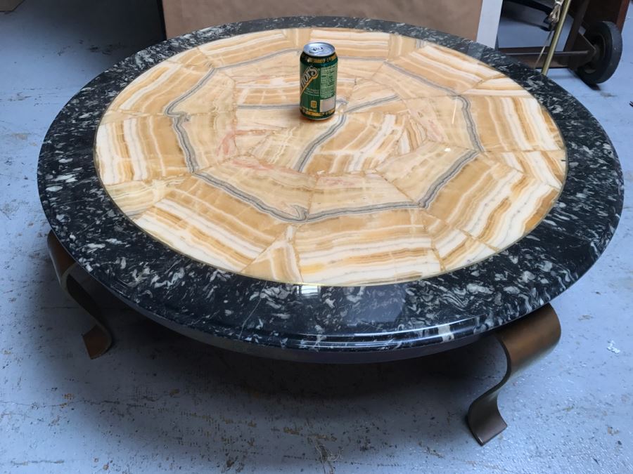 Mid-Century Marble And Inlay Stone Round Coffee Table With Brass Legs [Photo 5]
