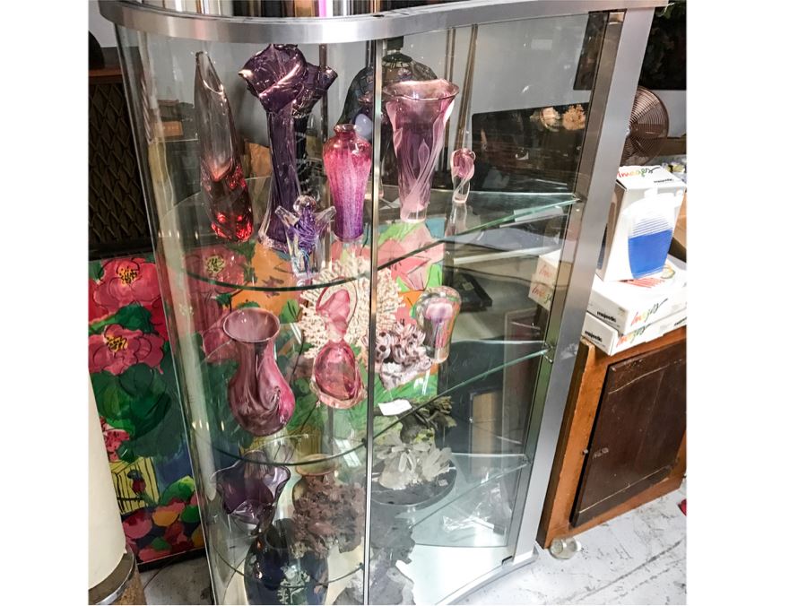 Art Deco Style Curved Glass Kidney Shaped Curio Display Cabinet With Overhead Lighting 79'H X 44'W X 26'D.  [Photo 4]