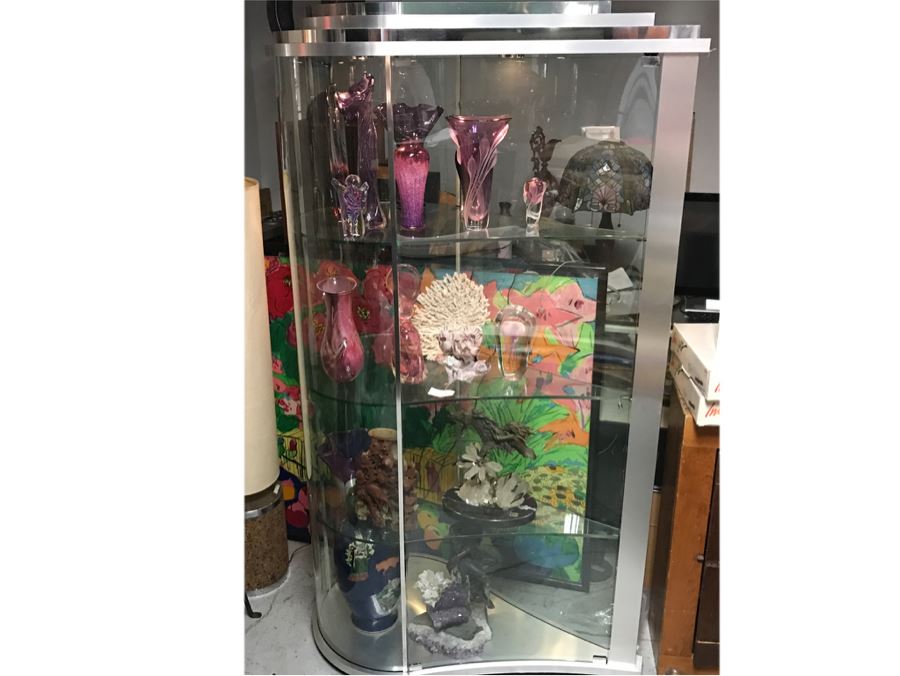 Art Deco Style Curved Glass Kidney Shaped Curio Display Cabinet With Overhead Lighting 79'H X 44'W X 26'D.  [Photo 2]
