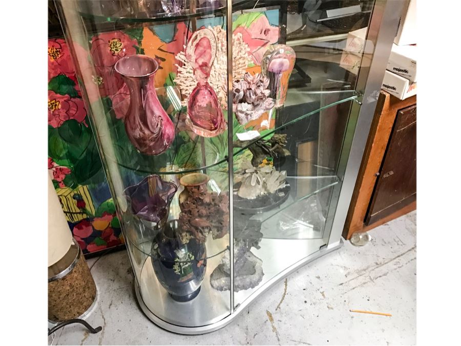 Art Deco Style Curved Glass Kidney Shaped Curio Display Cabinet With Overhead Lighting 79'H X 44'W X 26'D.  [Photo 3]