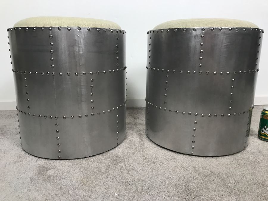 Pair Of Aviator Aviation Style Riveted Stools Faux Metal Finish