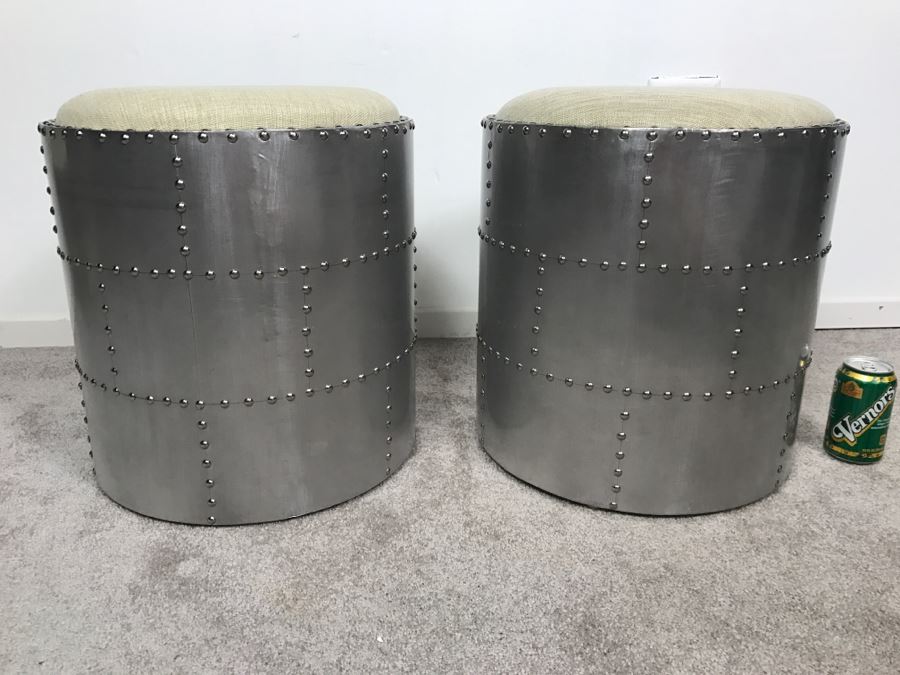 Pair Of Aviator Aviation Style Riveted Stools Faux Metal Finish [Photo 2]