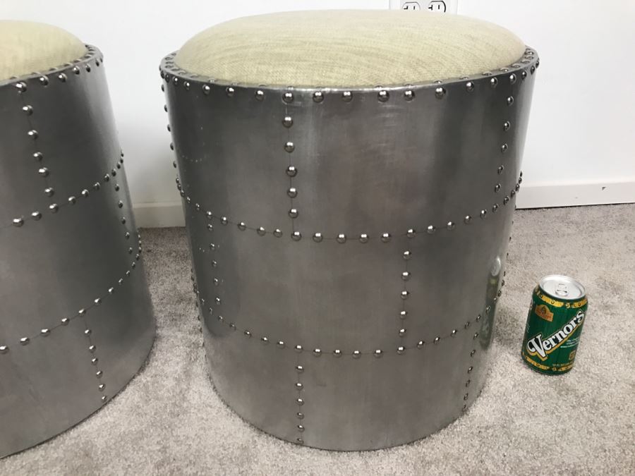 Pair Of Aviator Aviation Style Riveted Stools Faux Metal Finish [Photo 6]