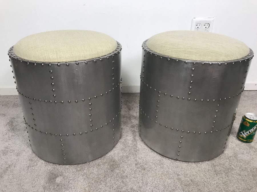 Pair Of Aviator Aviation Style Riveted Stools Faux Metal Finish [Photo 3]