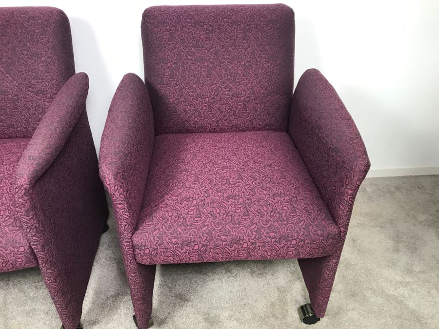 Pair Of Purple Upholstered Armchairs On Casters [Photo 4]