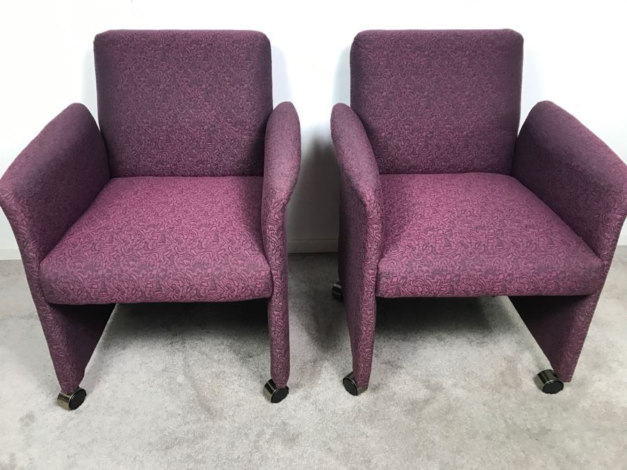 Pair Of Purple Upholstered Armchairs On Casters [Photo 3]