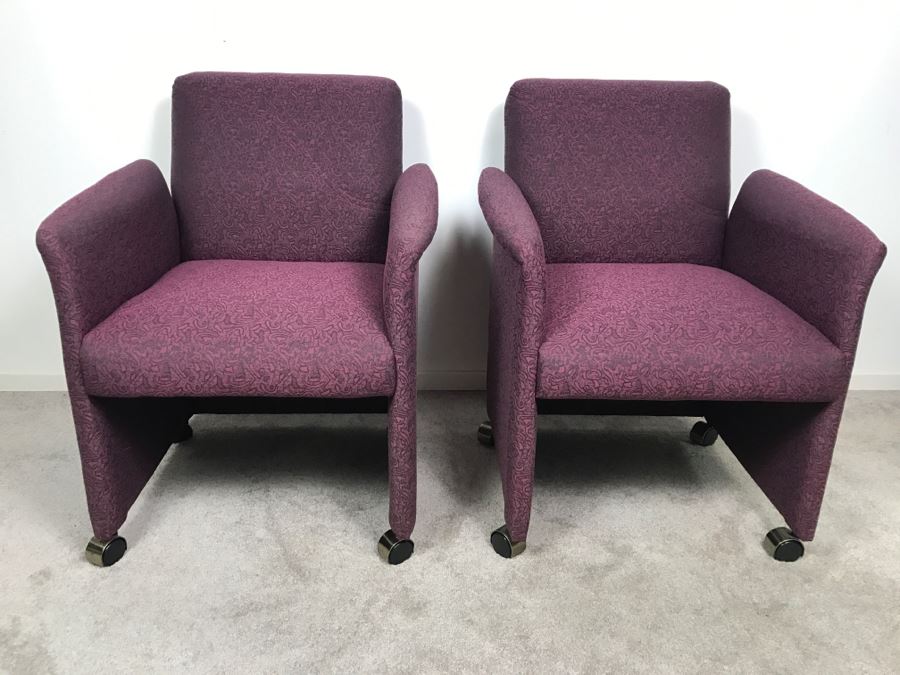 Pair Of Purple Upholstered Armchairs On Casters [Photo 2]