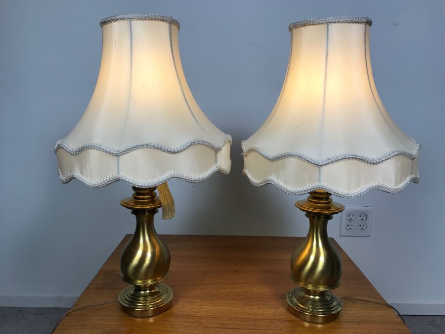 Pair Of Heavy Brass Table Lamps With Shades [Photo 3]