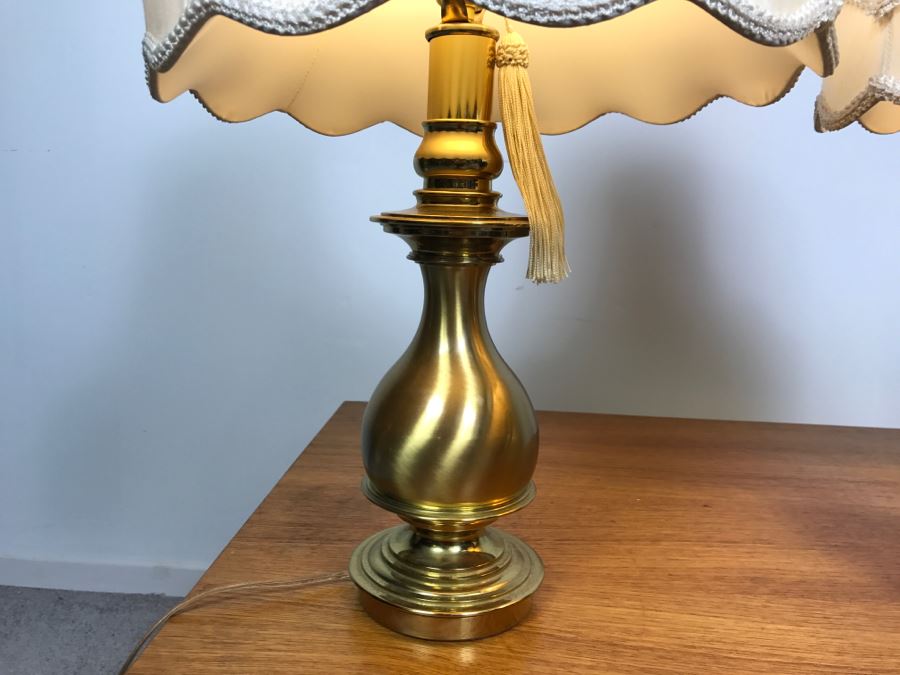 Pair Of Heavy Brass Table Lamps With Shades [Photo 4]