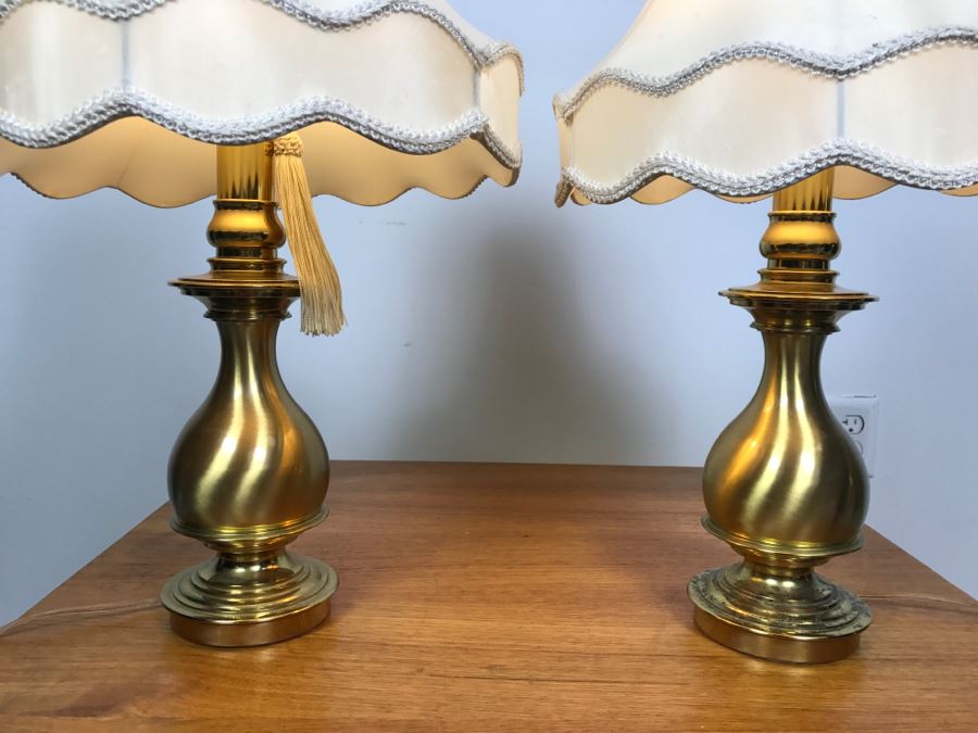 Pair Of Heavy Brass Table Lamps With Shades