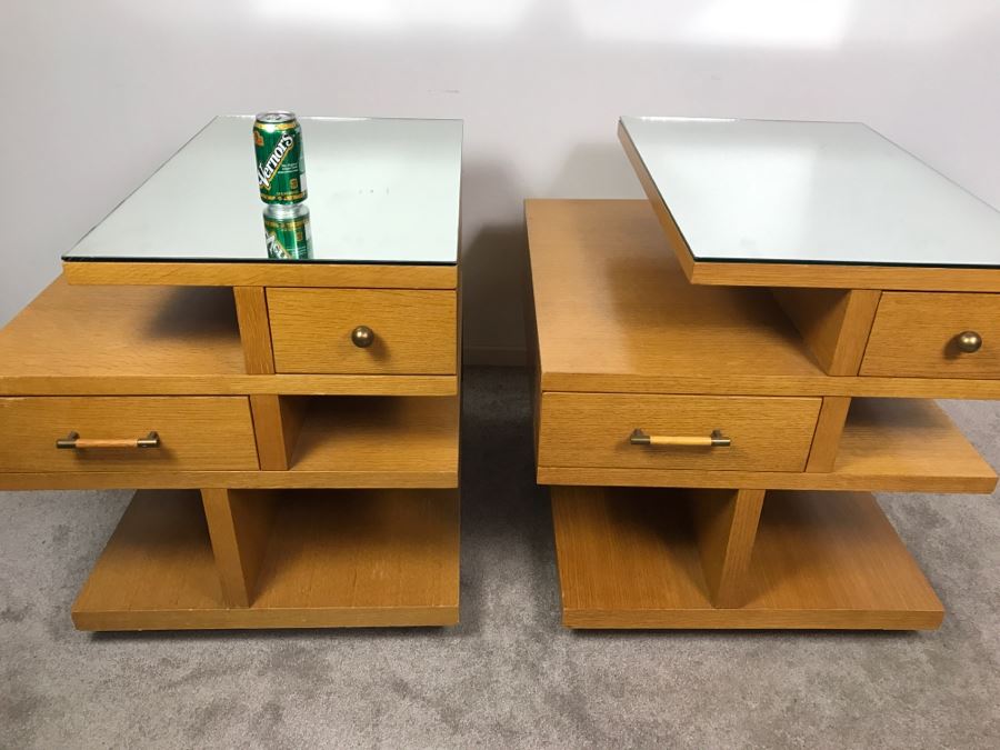 Pair Of Modern Stanley Furniture Side Tables Nightstands With Mirrored Tops - Note Cosmetic Damage To Bottom Of One [Photo 5]